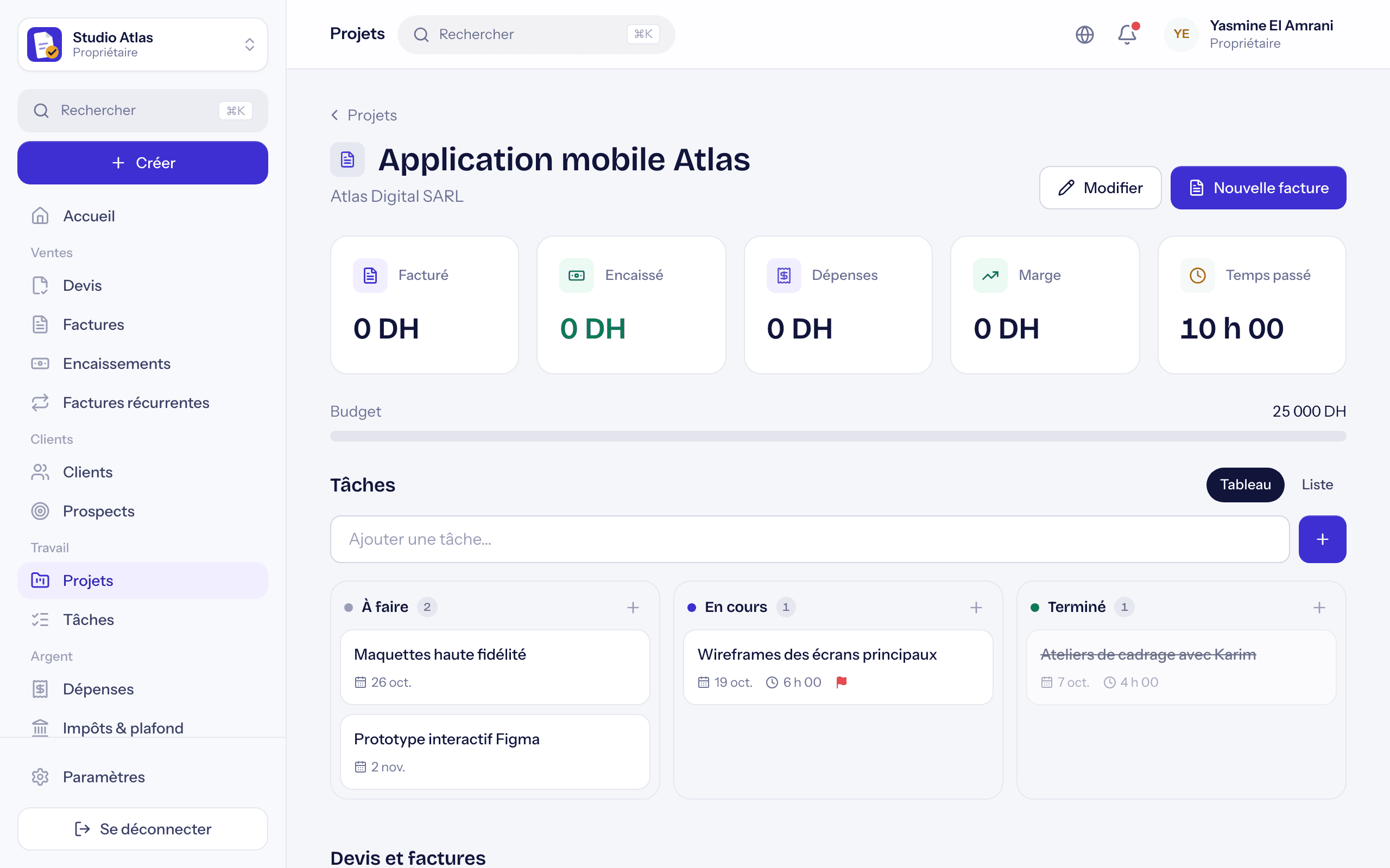SoloGestion dashboard: payments, ceiling and the quarter's tax
